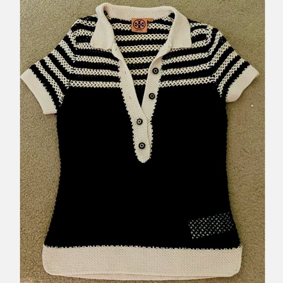 Tory Burch Mesh Short Sleeve Sweater Navy Cream Medium - Picture 1 of 3